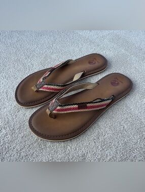 High Tide Striped Woven Strap Brown Flip Flop Sandals - Women